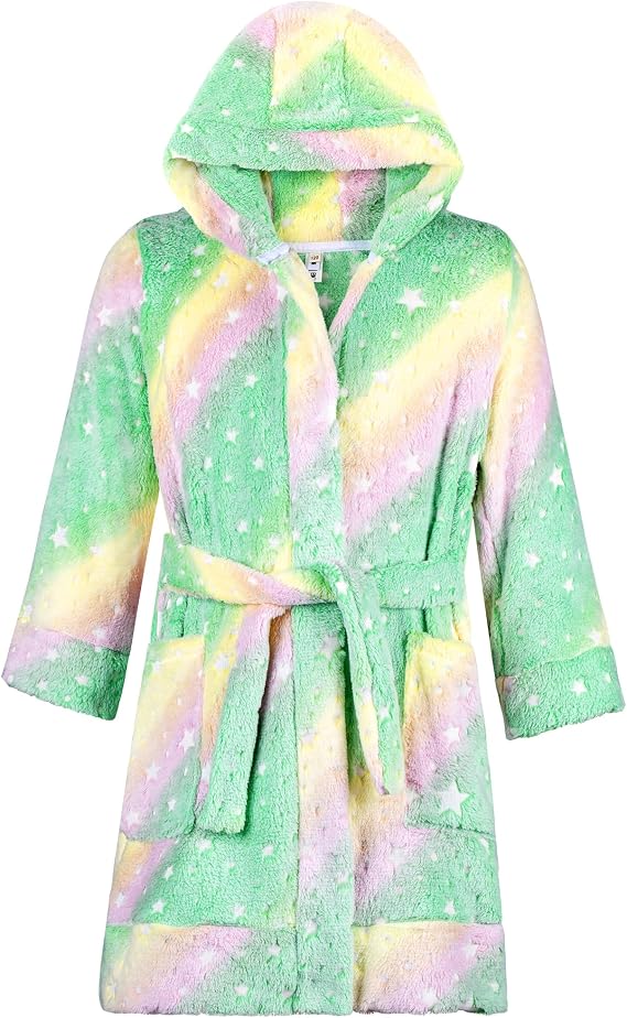 BIG ELEPHANT Kids Hooded Robe Flannel Fleece Bathrobe for Boys Girls, Coral Plush Overall Sleepwear, Christmas Gift