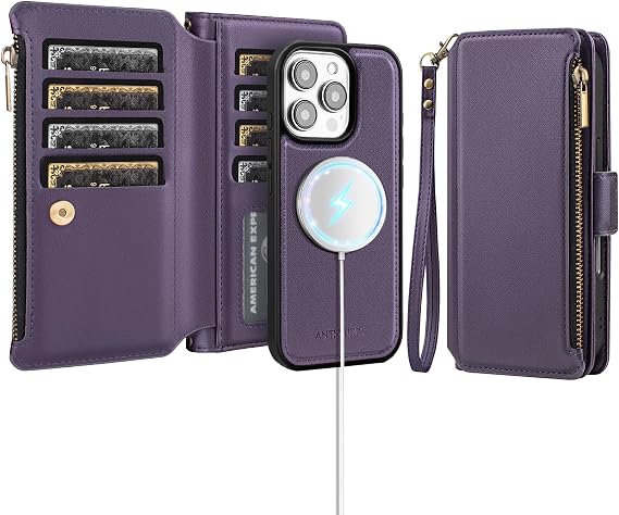 Antsturdy Compatible with MagSafe iPhone 16 Pro Max Wallet Case,Purple | Detachable Magnetic Credit Card Holder,RFID Blocking,PU Leather Zipper Purse,Wrist Strap Kickstand,Flip Phone Cover for Women