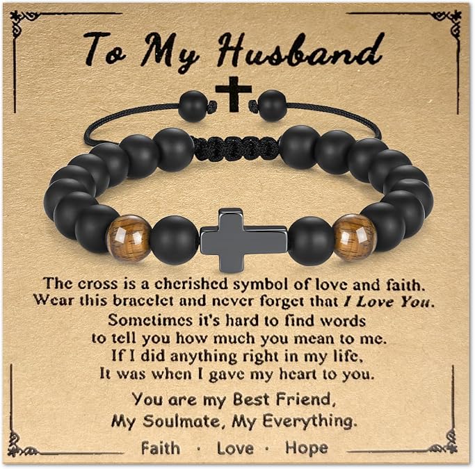 Gifts for Men, Husband Bracelet Tiger Eye Bracelet from Wife, Beads Cross Bracelet Present for Birthday Fathers Day Christmas Valentines Day Christian Gifts