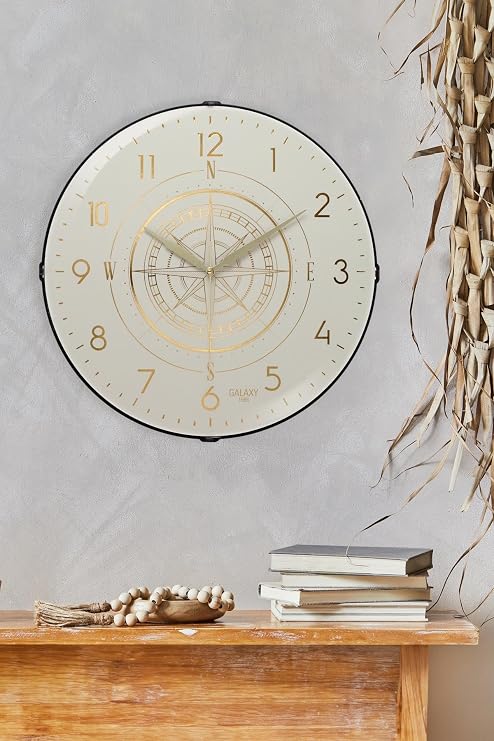 Galaxy Exclucive Compass Series Curved Glass Gilded Home and Office Wall Clock 35 cm Cream