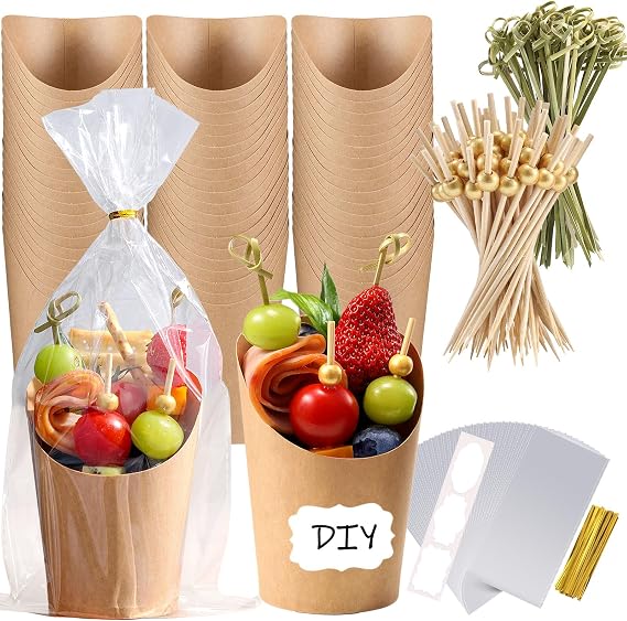 FSAH 100 Pcs Charcuterie Cups 12oz with Cocktail Skewer Tooth Picks, Brown