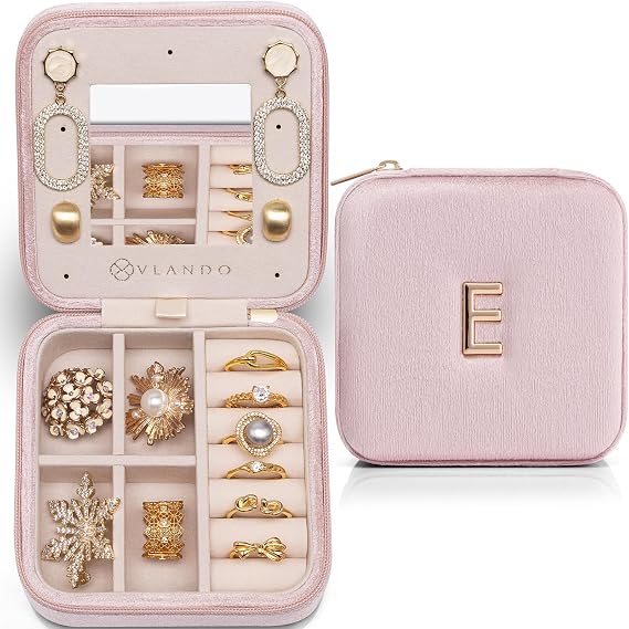 VLANDO Small Jewelry Travel Case, Letter E Case with Compact Mirror