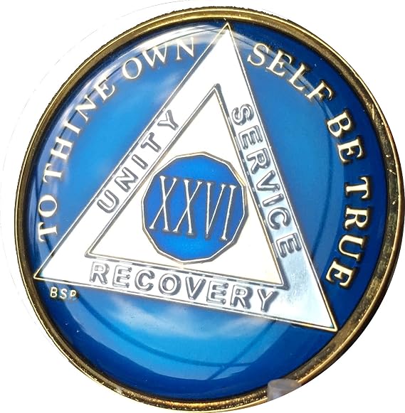 26 Year Midnight Blue AA Alcoholics Anonymous Medallion Chip Tri Plate Gold & Nickel Plated