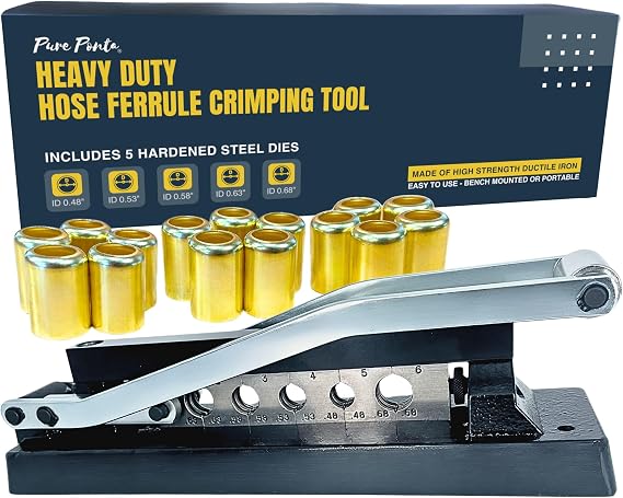 Pure Ponta Heavy Duty Ferrule Crimping Tool Air Hose Repair Kit for 3/8, 5/16, 1/4 inch ID Hoses, Crimper w/ 5 Hardened Steel Dies & 15 Ferrules Fittings, Torch & Compressor Crimpers