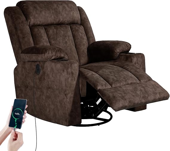 LAFWELL Retro Rocking Recliner Chair, Massage Rocker Recliner Chair with Vibration Massage and Heat, USB and Type-C Ports,360 Swivel Chairs,Living Room, Bedroom, Nursery, RV, Brown