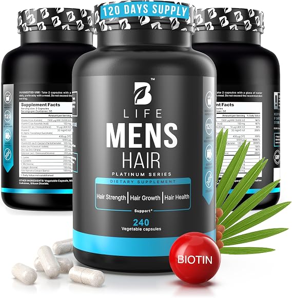 Mens Hair Growth Supplement Biotin & Collagen Hair Vitamins for Men Thicker, Fuller Hair, Nail & Scalp Support Hair Loss Supplement with Zinc, Selenium & Vitamins A C D E 240 Capsules
