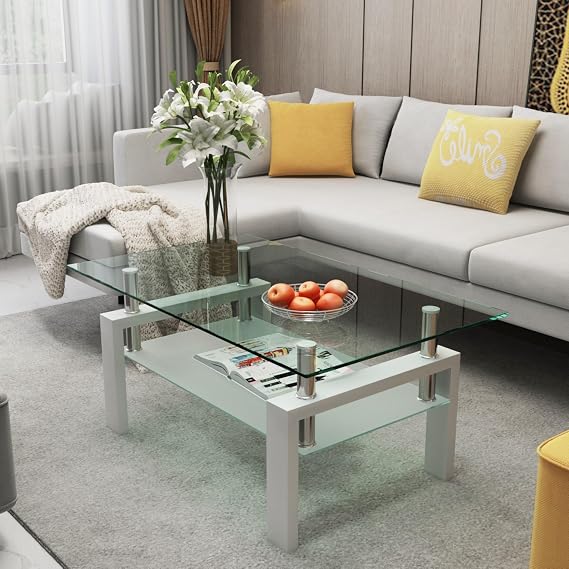 Rectangle Glass Coffee Table, Clear Coffee Table Modern Side Center Tables Furniture for Living Room,White