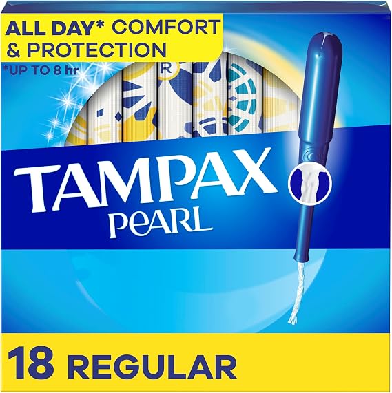 Tampax Pearl Plastic Unscented Tampons, Regular Absorbency, Blue, 18 Count
