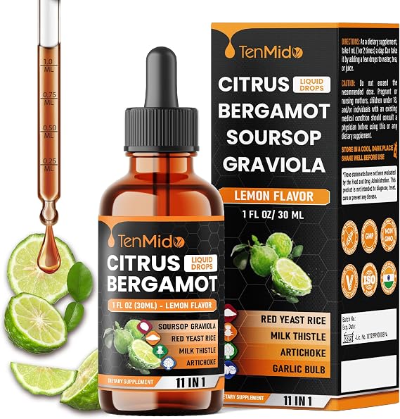 11in1 Citrus Bergamot Liquid Drops with Soursop Graviola, Red Yeast Rice, Artichoke, Milk Thistle, Garlic, Olive, Quercetin, Pine Bark, Ginger, and Black Pepper - 30ml 1 Fl Oz