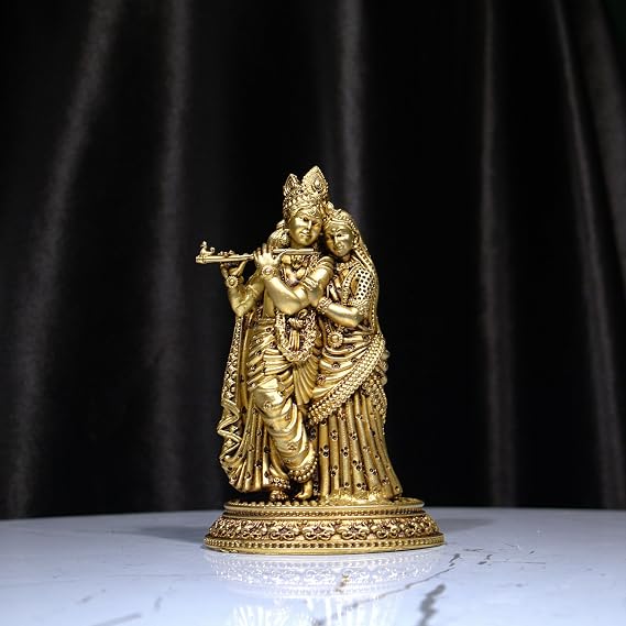 Brass Radhakrishna Idol 9.5cm Golden Finish Designer Radha Krishna Statue Handcrafted Brass Murti for Pooja Temple Home Office Decor Navratri Diwali Gift Showpiece for Worship