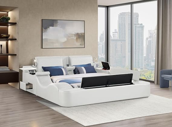 Queen Size Smart Bed, Multifunctional Leather Bed Frame with Massage Recliner/Upholstered Headboard/Music Speaker/USB Port/Storage Space, Modern Luxury Bed Frame(Beige)