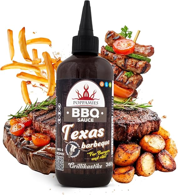 Poppamies BBQ Sauce Texas Barbeque – Smoky & Tangy Flavor Perfect for Grilling Dipping & Marinades – Gluten-Free Vegan - 360g