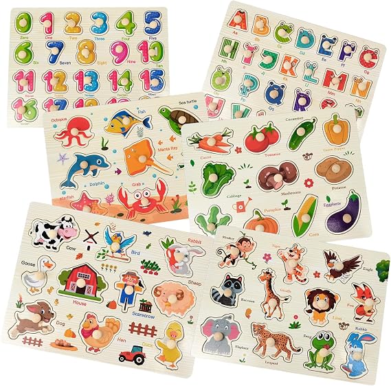 6 Pack Wooden Learning Puzzles with Handle for Kids, Numbers, Alphabet, Farm, Ocean, Animal, Vegetable Puzzles for Kids, Educational Montessori Learning Aid for Children