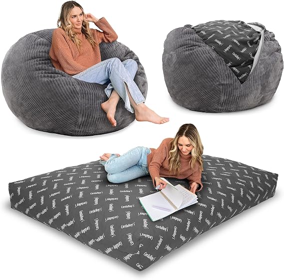 CordaRoy's Plush Bean Bag - Convertible Bean Bag Chair - Machine-Washable Plush Fabric Cover - for Basement, Living Room, Game Room, Dorm & More - Full Size - Grey | Made in The USA