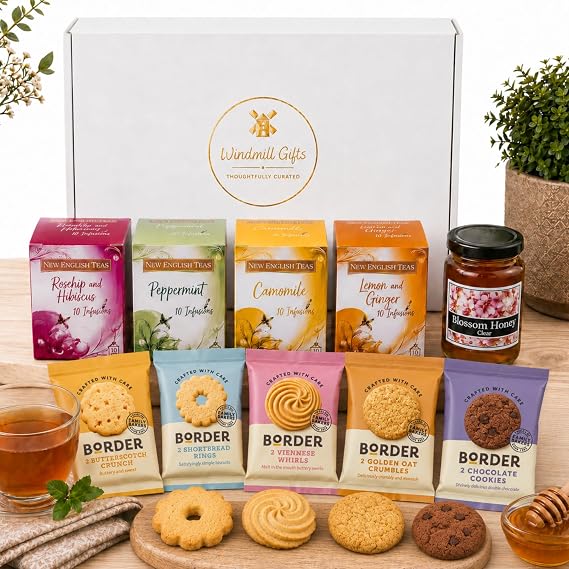 Herbal Tea and Biscuits Gift Set - 40 Assorted Tea Bags, Biscuits & Honey | Lemon & ginger, camomile, peppermint, rosehip & hibiscus teas with Border biscuits and honey - a soothing tea gift set