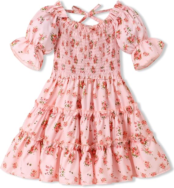 Toddler Girl Dress Square Neck Puff Sleeve A-Line Toddler Floral Dresses Summer Dresses for Toddler Girls 2-6T
