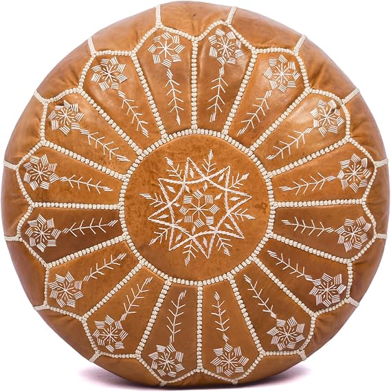 Moroccan Leather Handmade Pouf Ottoman Cover, Unstuffed Foot Stool, Round Boho Footrest for Living Room, Bedroom, Home Decor Gift (Tan Ornate)