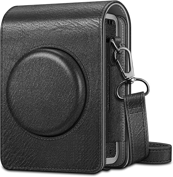 FINTIE Camera Case for Fujifilm Instax Mini EVO Camera with Strap | Premium Vegan Leather, Camera Travel Bag, Adjustable Shoulder Strap, Snap Closure, Removable Front Cover, Vintage Black