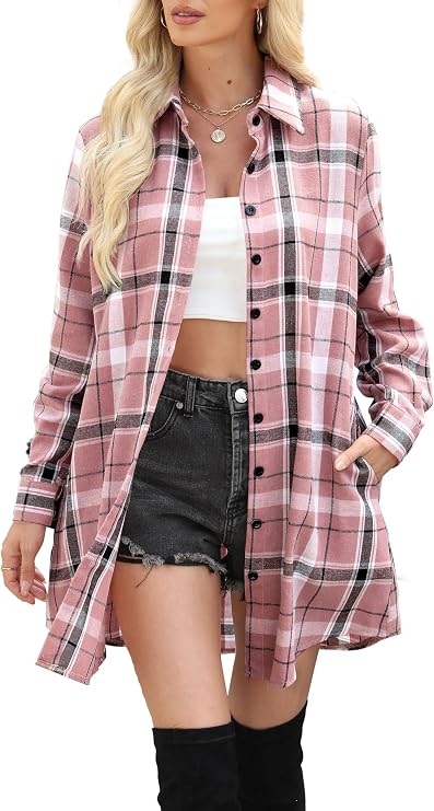 Womens Flannel Shirts Long Sleeve Plaid Button Down Jacket Tops