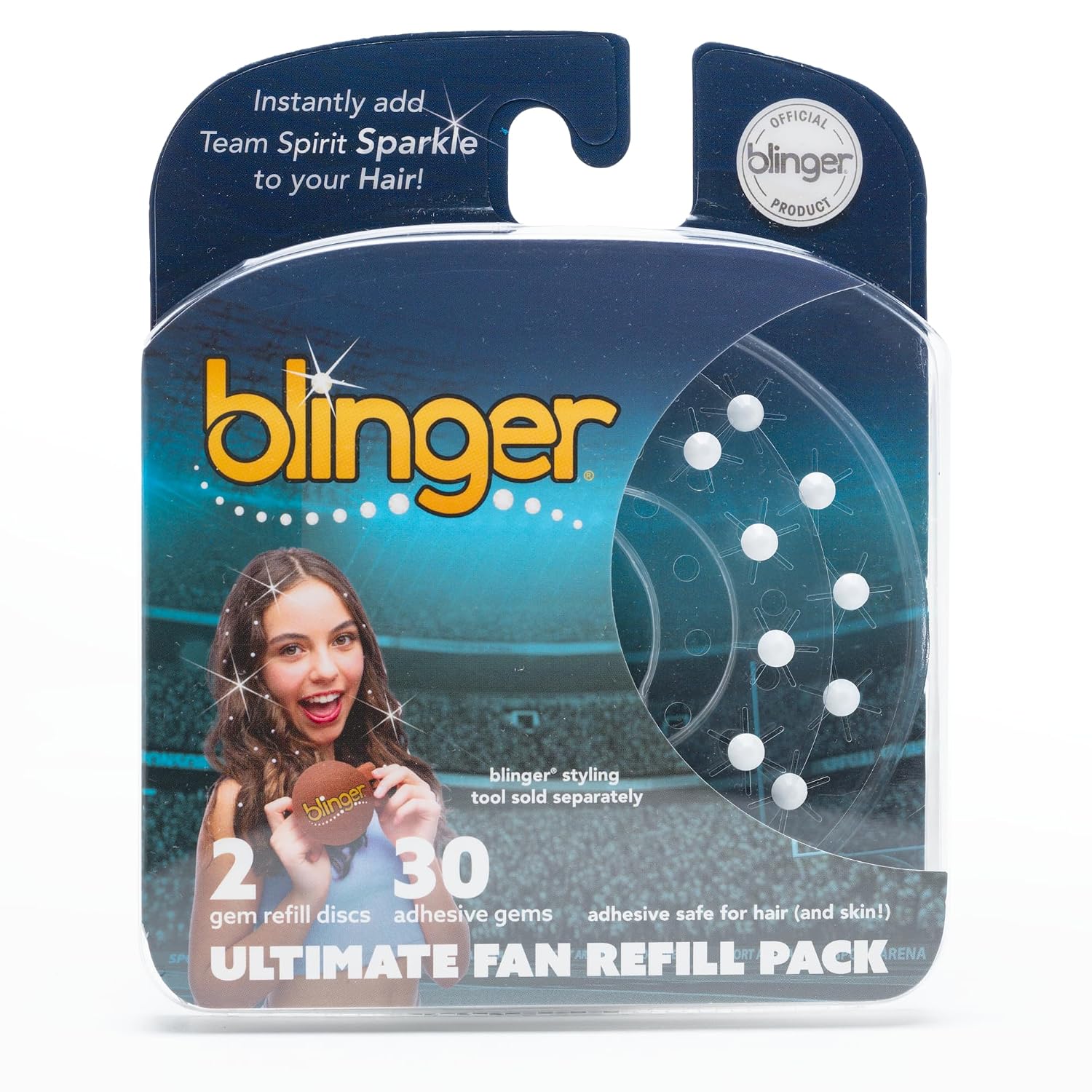 blinger® Ultimate Fan Refill Pack of 30 Dazzling Hair-Safe Gems - White – as seen on Shark Tank | Hair-Safe Bedazzler Gem Stamper for all the Sports Lovers | Fun Gift, Game Days, Sports