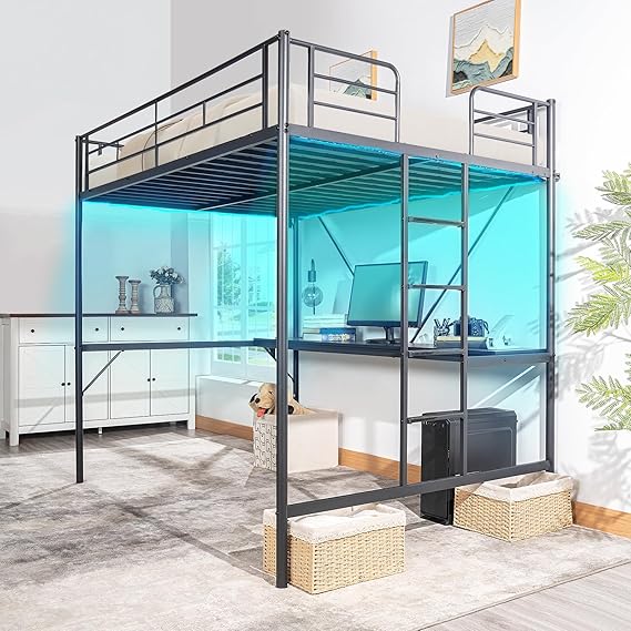 VINGLI Full Size Metal Loft Bunk Bed Frame for Kids Teens Adults with Desk Underneath,2 Charging Station,LED Lights,Safety Guardrail and Stair,No Box Spring Needed,Black