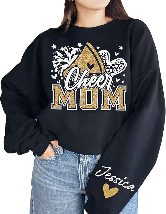 Personalized Cheer Mom Sweatshirt with Kids Names on Sleeve, Cheer Mama Shirt, Cheer Mom Hoodie, Cheer Mom Gifts, Cheer Mom Shirts for Women, Cheer Mom Sweater