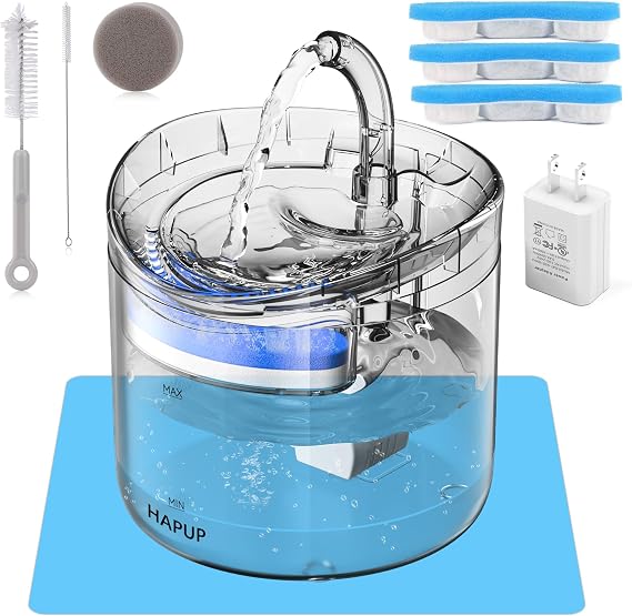 HAPUP Cat Water Fountain for Drinking 1.8L Automatic Pet Fountain with 3 Filters 1 Intelligent Pump 1 Cleaning Brush Kit 1 Silicone Food Mat 1 UK Adapter for Cats Puppy Indoor