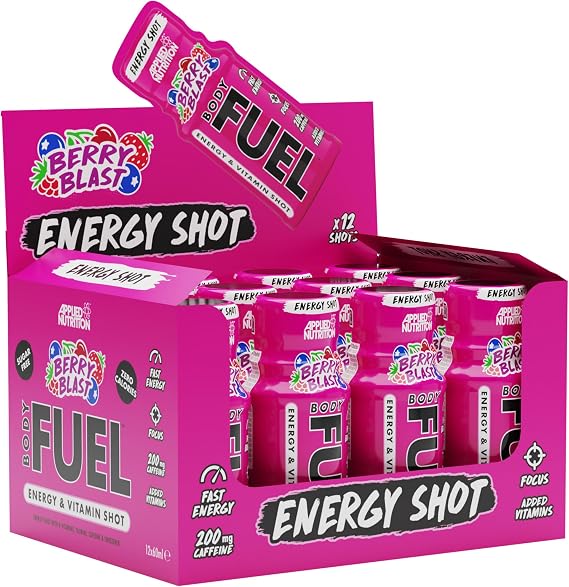 Applied Nutrition BodyFuel Energy Shot - Body Fuel Prime Energy Shot, Physical Performance with B-Vitamins, Taurine, Caffeine, Sugar Free, Zero Calories (Box 12 Units x 60ml) (Berry Blast)