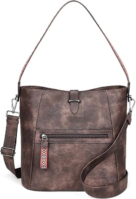 FADEON Bucket Bag for Women, Designer PU Leather Crossbody Hobo Purses, Trendy Shoulder Tote Handbag for Work Brown