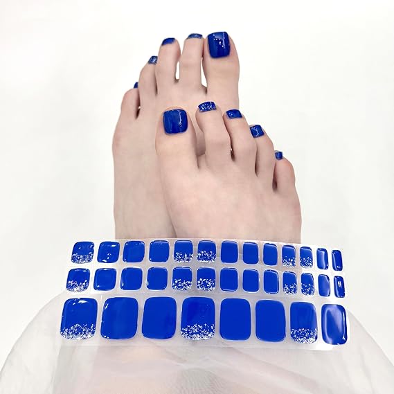 Blue Semi Cured Gel Nail Strips for Toes Glitter Pedicure Nail Stickers