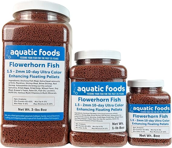 Flowerhorn Fish Ultra Red Color Enhancing 1.5mm-2mm Floating Pellets. Color Enhancing in 10-Days for Baby, Juvenile and Adult Flowerhorn...3-lbs 8oz Large Jar