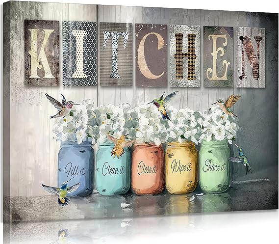 Framed Vintage Kitchen Canvas Wall Art Rustic Farmhouse Kitchen Picture Vibrant Mason Jar Floral Poster Print With Hummingbird And Motivational Phrase for Kitchen Dining Room Home Decor 16x12in