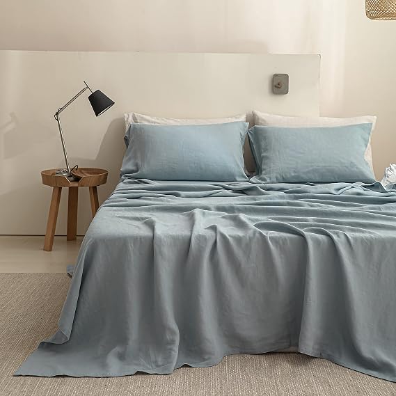 Simple&Opulence 100% Stone Washed French Linen Solid Flat/Top Sheet 1 Piece,Cooling,Breathable and Soft(Basic Dusty Blue, Queen)