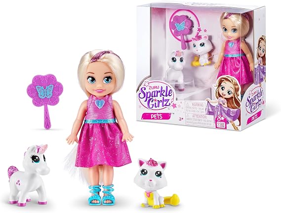 Sparkle Girlz Princess Doll and Pet Set - Blue Dress and Dog by ZURU, 2 Pets Included, Posable Fashion Doll, Removable Dress, Hair Styling, Gift for Girls 4-8