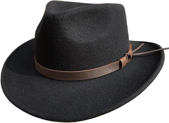 Black Crushable Wool Felt Mens Fedora Outback Western Outdoor Hat