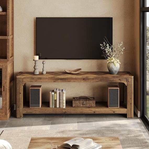 LITTLE TREE Solid Wood TV Stand with Open Storage Shelves, Farmhouse TV Stand for 65-Inch TV, Mid Century Modern TV Stand for Living Room, Bedroom -