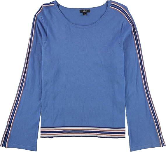 Alfani Womens Striped Bell Sleeve Pullover Sweater, Blue, Large