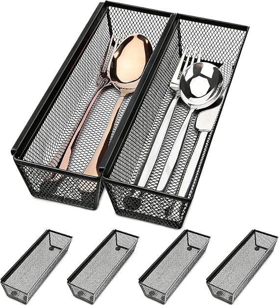 Cutlery Drawer Organiser Cutlery Tray for Kitchen Utensils and Silverware Holder Cutlery Set Holder Spoons Forks Knives Holder Storage with Interlocking Arm (Black, 6 pack)