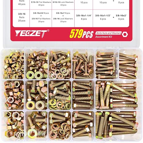 579PCS Grade 8 Heavy Duty Bolts and Nuts Washers Kit, 1/4-20 5/16-18 3/8-16 Hex Bolts Nuts Assortment Kit, Includes 15 Most Common Sizes