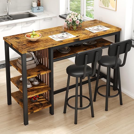 DKLGG 3-Piece Bar Table and Chairs Set, Counter Height Dining Table Set with Storage & 2 Upholstered Stools, Hightop Kitchen Bar Table for Small Space, Pub & Bistro