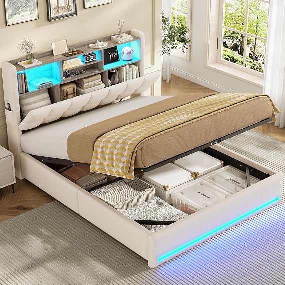 AOGLLATI Ottoman Double Bed Frame with Hydraulic Storage & Led Lights