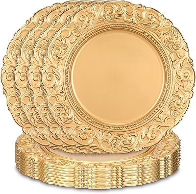 Yinder Set of 12 Antique Gold Charger Plates 13 Inch Plastic Vintage Plate Chargers Decorative Embossed Gold Chargers Engraved Baroque Rim Elegant Tableware Decor for Dinner Table Wedding Party Events