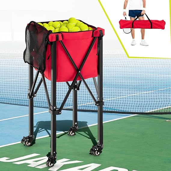 Tennis Ball Hopper Cart with Wheels, Portable Tennis Ball Basket Holds 150 Balls, Collapsible Aluminum Tennis Basket for Balls Pickup, Pro Sports Teaching Cart for Tennis Pickleball Baseball