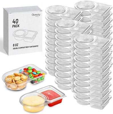 Ocmoiy 40pcs 6 oz Reusable Snack Containers with Lids, 2 Compartment Snackle Box Snack Packs Container, Condiment Containers for Sauce and Dippings