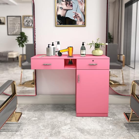 Salon Station Wall Mount Barber Station Salon Stations for Hair Stylist with Appliance Holders Hair Salon Station with Lockable Drawers Salon Cabinet for Beauty Spa (Pink)