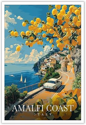 Vintage Amalfi Coast Travel Posters Italy City Landscape Canvas Wall Art White Car Nature Roads Lemon Coastal House Prints Painting For Home Bedroom Dorm Wall Decor 12x16in Unframed