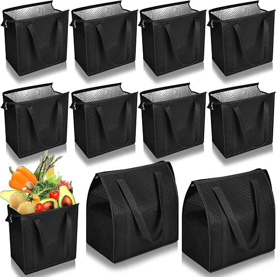 10 Pack 10 Pack Large Insulated Grocery Bag Zippered, Black