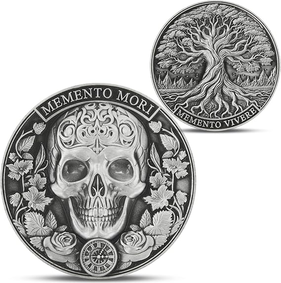 Memento Mori Coin - Symbolizing Life and Death with Skull and Tree of Life Design, Includes Acrylic Display Box, Perfect Keepsake for Enthusiasts (Single Coin)