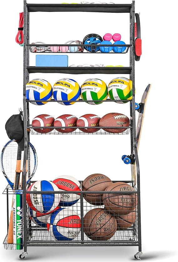 Mythinglogic Rolling Sports Equipment Organizer for Garage Gear and Toys | Metal rolling organizer stores balls, bats, rackets, helmets, bags and outdoor toys in separate bins, baskets and hooks