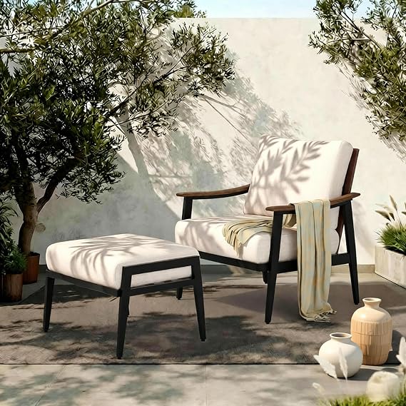 NATURAL EXPRESSIONS Patio Outdoor Chair with Ottoman, Wicker Backrest | 1 Matched Ottoman, Adjustable Feet, Natural Wood-garin Texture Arm, 6" Removable Cushion, Patio Sofa for Porch, Deck, Balcony